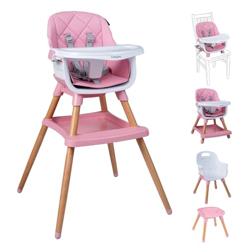 BABY JOY 8-in-1 High Chair, Convertible Wooden Highchairs for Babies and Toddlers | Dining Booster Seat | Toddler Stool, Double Removable Tray, 5-Point Safety Harness & Waterproof PU Cushion (Pink)
