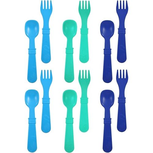Re-Play Made in USA Toddler Forks and Spoons, Pack of 12 Without Carrying Case - 6 Kids Forks with Rounded Tips and 6 Deep Scoop Toddler Spoons - 0.2" Thick Toddler Utensils, True Blue