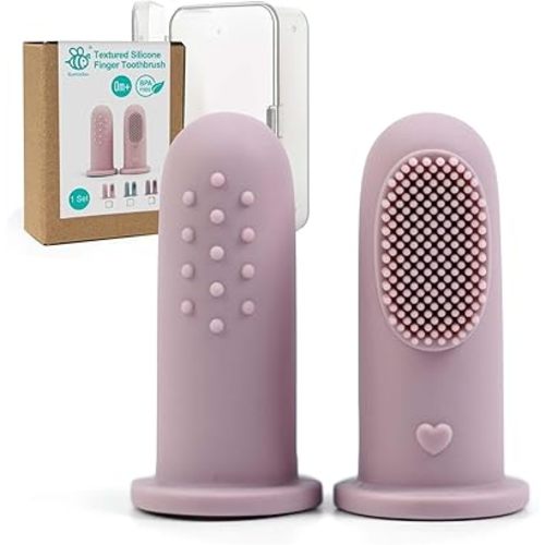 BumbleBee Silicone Baby Finger Toothbrush, Oral Cleaning & Teething Brush for Infants & Toddlers, 0 Months+, 2 Count with Travel Storage Case - Purple