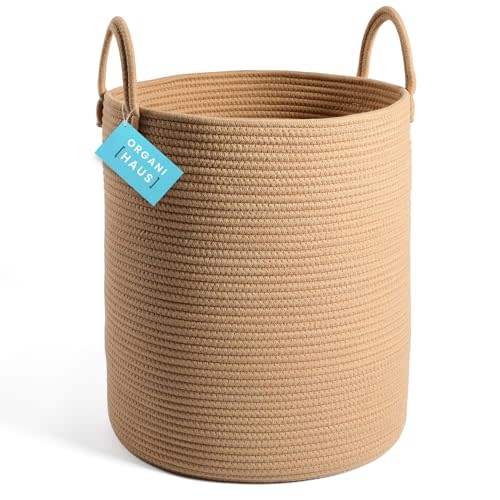 OrganiHaus Large Woven Laundry Basket w/Handles 52L, Rope Dirty Clothes Hamper, Blanket Basket for Living Room, Baby Laundry Hamper for Nursery, Soft & Durable Decorative Organizer Bin - Honey