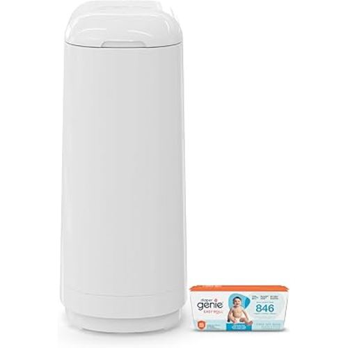 Diaper Genie Essence Pail, White with 18 Easy Roll Refill Bags