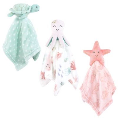 Hudson Baby Girls Animal Face Security Blanket, Pastel Sea 3-pack, One Size