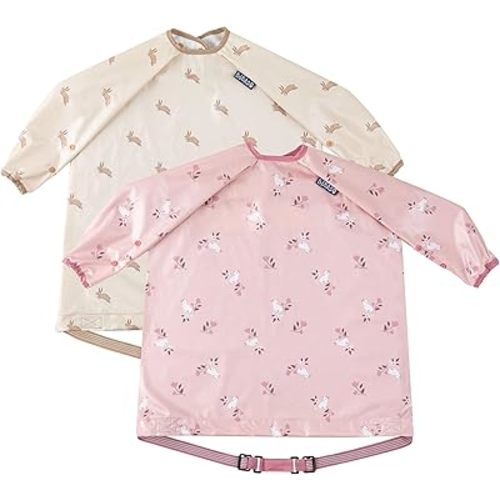 BIBaDO Long Sleeve Coverall Bib – Babies & Toddlers 6-36. Mess Proof Baby Feeding Bib Attaches To Highchairs, Pushchairs, Tables. Waterproof, Machine Washable. Twin Pack