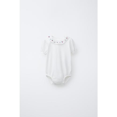 FLORAL EMBROIDERED COLLAR BODYSUIT - Oyster-white | ZARA Canada
