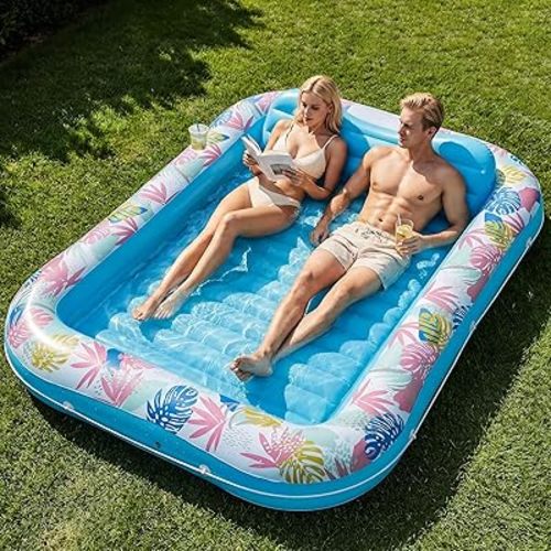 Tanning Pool Lounger Float, OKSUWATER 87" x 63" Pool Floats Adult with Headrest & Drink Holder, Blow-Up Bed Sun Tan Tub for Sunbathing, Beach, Backyard, Outdoor, Summer Water Party (Blue-XL)