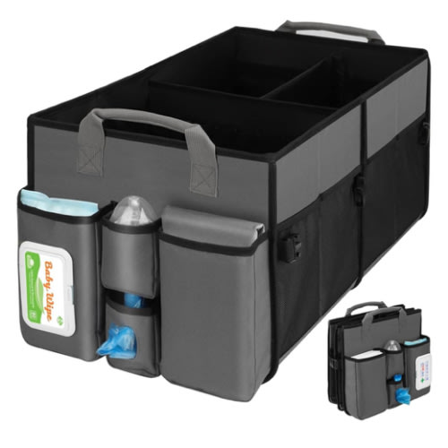 Collapsible Trunk Organizer & Diaper Changing Station, Baby Diaper Caddy Organizer with Movable Dividers, Easy-to-Reach for Back Seat Travel Car Organizer, Waterproof Car Trunk Organizer Groceries