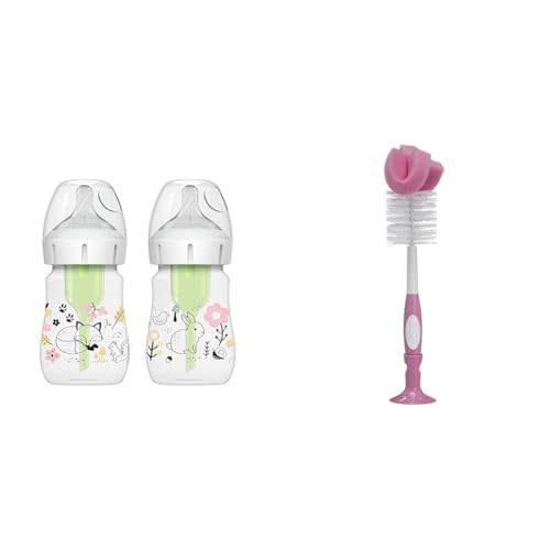 Dr. Brown’s Natural Flow® Anti-Colic Options+™ Wide-Neck Baby Bottle Designer Edition Bottles & Reusable Sponge Baby Bottle Cleaning Brush with Suction Cup Stand