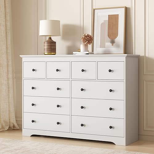 LYNSOM Modern 10 Drawer Dresser, 55.1" Wide Dressers & Chests of Drawers with Large Capacity Storage, Mid Century White Dresser for Bedroom, Hallway, White