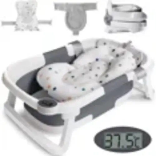 TOPCHANCES Collapsible Baby Bathtub with Thermometer, Newborn Baby Shower Tub with Baby Tub Cushion & Bath Net, Portable Baby Folding Bathtub for 0-36 Month Newborn, Grey
