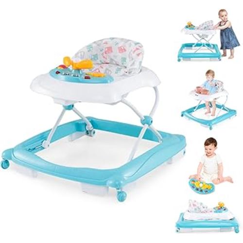 BABY JOY Baby Walker, 4 in 1 Foldable Activity Walker with Adjustable Height, Music, Lights, Anti-Rollover Toddler Push Walker, Baby Walker with Wheels for Boys Girls 7-14 Months (Light Blue)