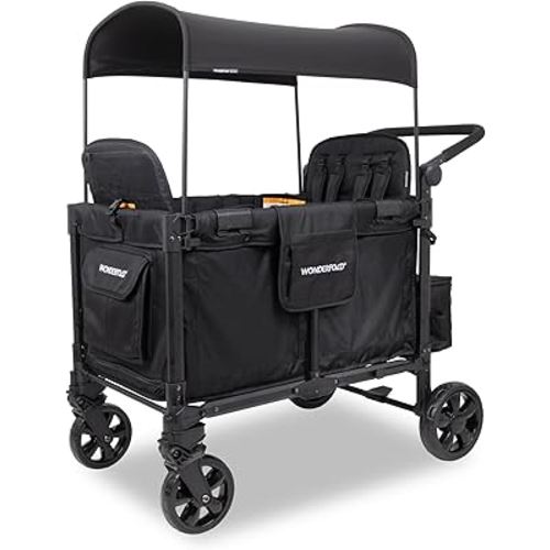 WONDERFOLD W4 Elite Pro Stroller Wagon (4 Seater) - Collapsible Wagon Stroller with Seats with 5-Point Harnesses, Adjustable Push Handle, and Adjustable Sun Canopy, Jet Black