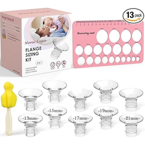 Flange Sizing Kit with 10PCS Flange Inserts 13/15/17/19/21mm, Nipple Measurement Tool Ruler, Cleaning Brush, Silicone Flange Insert Kit for 24mm Most Pumps, Pumping Breastfeeding Essentials - 10PCS 13/15/17/19/21mm - Pink