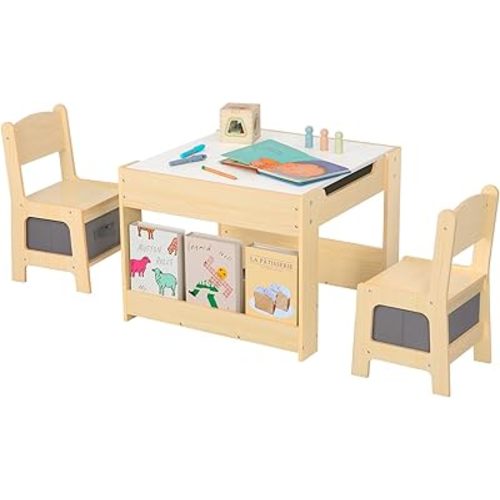 Kids Table and Chairs Ages 3-7, 4 in 1 Toddler Desk and Chair Set with Whiteboard, Blackboard, Storage Drawer and Book Rack. Toddler Activity Table for Kids Room, Nursery and Playroom