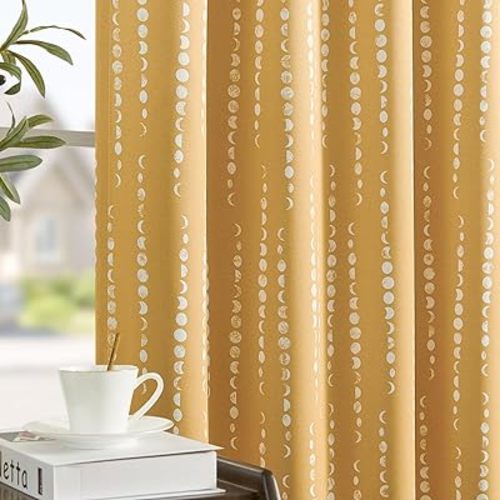 jinchan 100% Blackout Boho Curtains Moon Phases Printed Bedroom Curtains 84 Inches Long Mustard Drapes Rod Pocket Thermal Insulated Curtains for Nursery Yellow Window Drapes Curtain Set 2 Panels