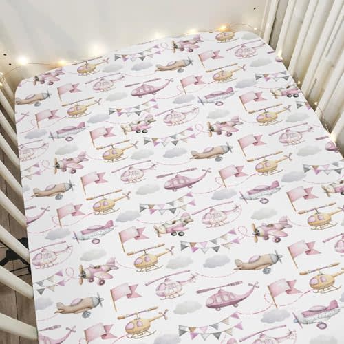 Watercolor Pink Airplanes Helicopters Baby Crib Sheets for Boy Girl 52x28Inch Vintage Aircraft Soft Snug Fitted Crib Mattress Cover Air Transport Travel Baby Sheet for Crib & Toddler Bed Mattress