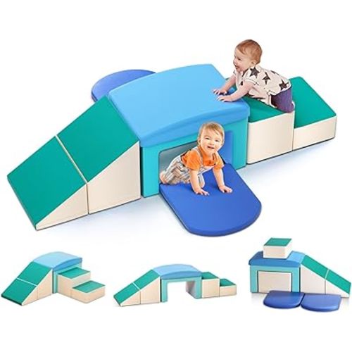 Lischwert Indoor Soft Foam Climber Play Sets, Toddler Climbing Toys Indoor with Slide Stairs and Ramp Indoor Climbing Toys for Kids and Children,6 Pieces(Light Blue)