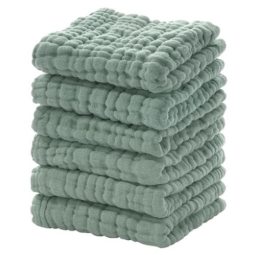 Looxii Muslin Baby Washcloths 6 Pack, 100% Cotton Baby Wash Cloths for Baby Face Body, 12x12 Inches Large Soft Absorbent Face Towels for Newborns Dark Green - 12x12in