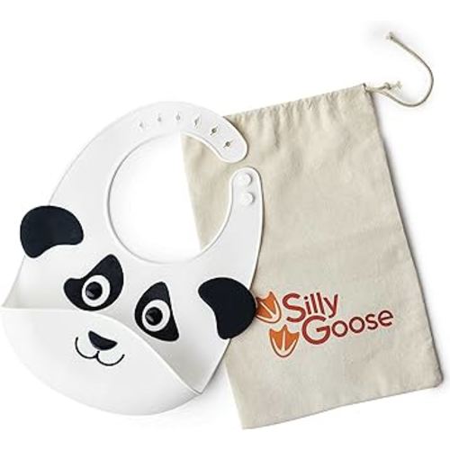 Silly Goose Silicone Animal Baby Bibs for Babies and Toddlers, Waterproof, Adjustable, Soft, Extra Wide Food Catcher Pocket (Baby Panda)