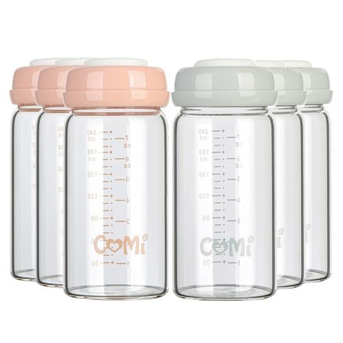 COMI Wide Neck Glass Breastmilk Collection n Storage Bottle, 6 Packs, 8oz with Screw Ring Sealing Disk; Re-markable Sealing Disc. BPA Free, Fits Breast Pumps & Nipples (3 Gray Lids + 3 Pink Lids)