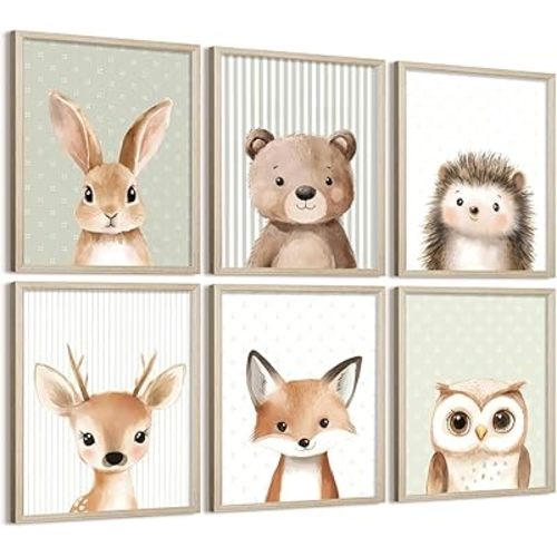 Solid Wood Frame Woodland Animal Nursery wall art Jungle Animals Painting Picture Wall Decor Fox Bear Deer Forest Animal Poster Printing art work for Playroom Baby Room Home Deco Wrapped Canvas