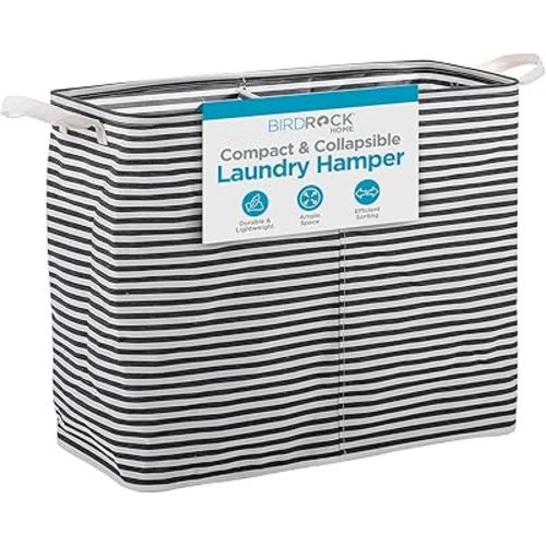 BIRDROCK HOME Collapsible Double Laundry Hamper Basket - Grey & White Stripes Sorter Bin - Compact Dirty Clothes Organizer Bag - Divided Section