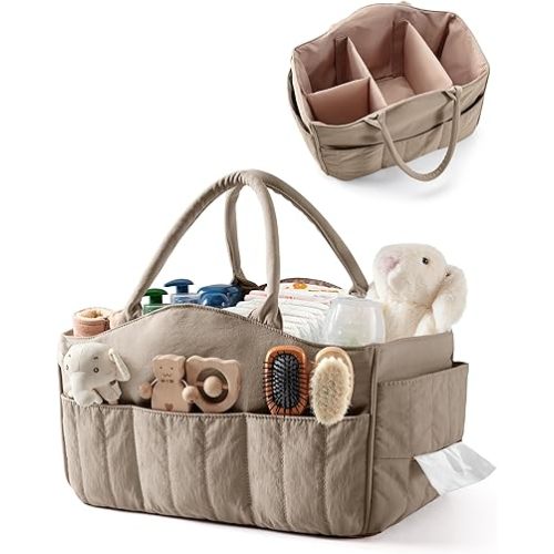 Quilted Baby Diaper Caddy with Detachable Dividers and Wipes Pocket, Lightweight Baby Caddy Organizer with Handles and 8 Pockets for Baby Stuff, Camel