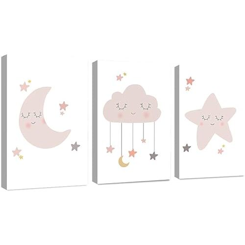 3Pcs Framed Nordic Moon Star Cloud Canvas Wall Art Pink Girls Bedroom Poster Modern Moon Star Cloud Nursery Cartoon Wall Art Canvas Kids Babyroom Wall Decor Frame Ready to hang(12X16 Inch Framed (ready to hang))