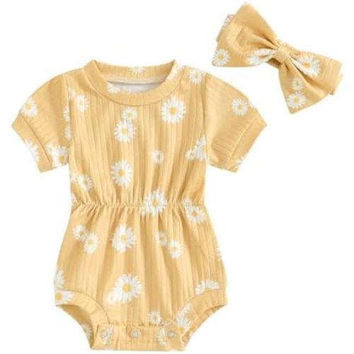 Karwuiio Newborn Baby Girl 2 Piece Outfits Short Sleeve Knit Jumpsuit Romper with Headband Summer Clothes