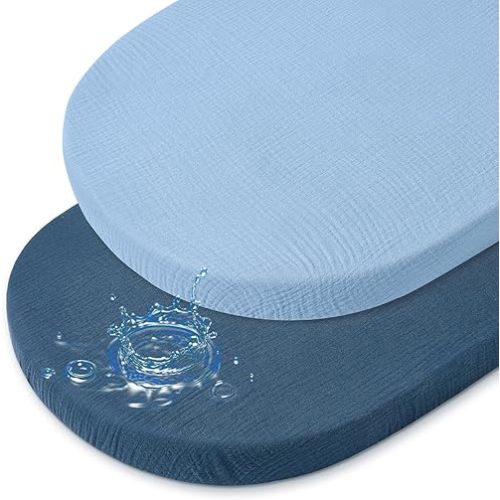 Baby Bassinet Sheets TPU Waterproof 2 Pack Soft Muslin Bedside Bassinet Mattress Sheets with Bottom Elastic Band for Baby Boy Girls Unisex Fit Hourglass Oval and Rectangle, Blue
