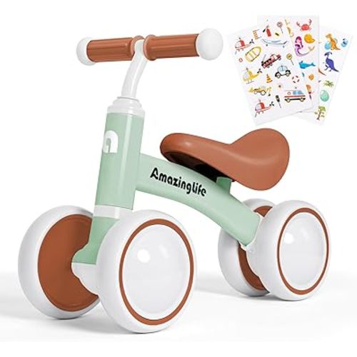 Balance Bike 1 Year Old, 10-24 Months Baby Balance Bike Toys, No Pedal Infant 4 Wheels Toddler Bike, Toddler Ride On Toys, Three Free Cartoon Stickers, First Birthday Gift for Boys Girls, Green
