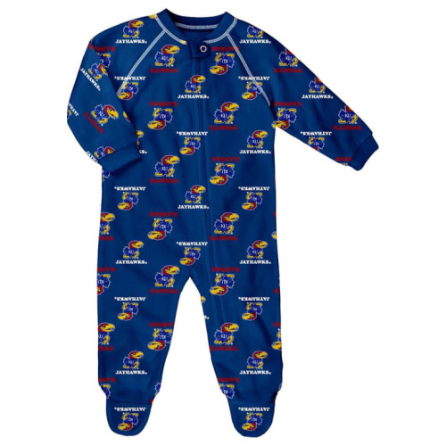 Kansas Jayhawks ROYAL Baby All Over Raglan Design Romper Pajamas - 133419999