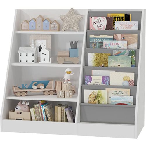 4 Tier Kids Wooden Bookshelf, 5 Layer Sling Toddler Bookcase,Baby Storage Book Rack,Book and Toy Organizer Cabinet,Children Book Display,Playroom Nursery Classroom Kid Room