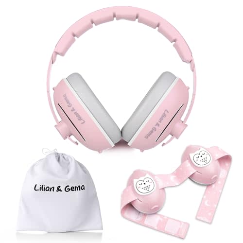 Lilian&Gema 2-in-1 Baby Ear Muffs Noise Protection, Adjustable Headphones with Band, Owls Noise Cancelling Headphones for Babies & Toddler up to 4 Years, Baby Airplane Essentials/Outdoor, Pink
