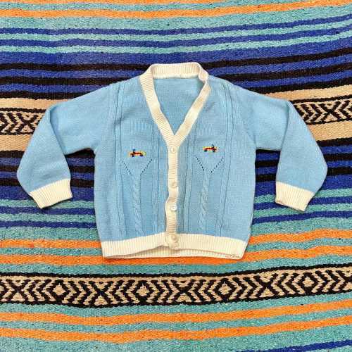 Vintage 1980’s Baby Boy Rae Car Embroidered Cardigan, 3-6 Months, Baby Blue Boys Sweater