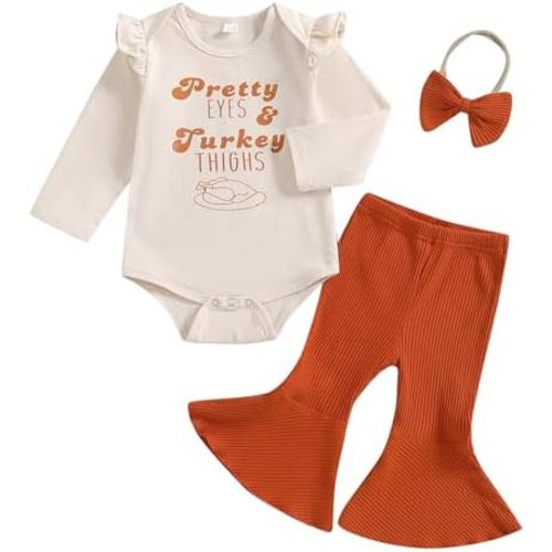 Kuriozud Newborn Baby Girl Bell Bottom Outfit Ruffle Romper Cute Bow Flare Pants Set Headband Cute Clothes