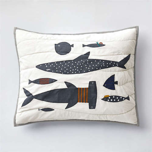 Shark School Embroidered Pillow - Organic Cotton