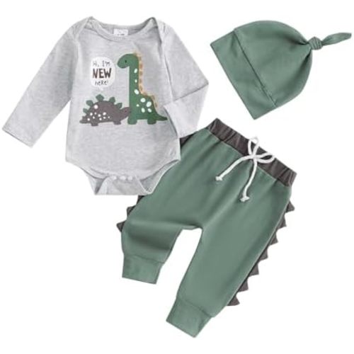 Newborn Infant Baby Boy Outfit Little Brother Romper Infant Letter Print Dinosaur Clothes Drawstring Pants Hat