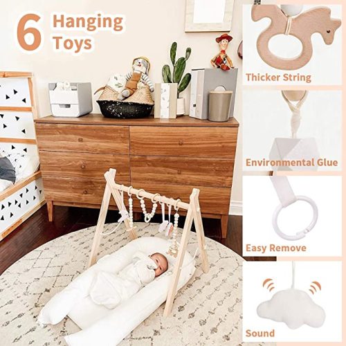 little dove Wooden Baby Gym with 6 Baby Teething Toys Foldable Play Gym Frame Activity Gym Hanging Bar Baby Toy White