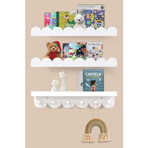 Floating Nursery Book Shelves with Hooks-Scalloped Wall Book Shelves for Bedroom Kids Set of 3, Nursery Furniture Must Have, 16 Inch, White