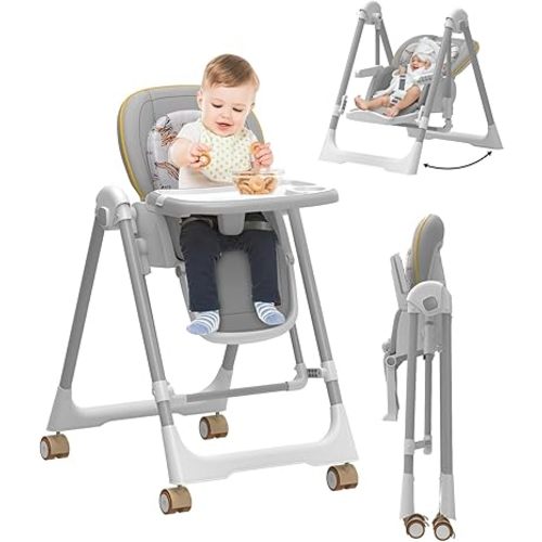 High Chairs for Babies and Toddlers, Baby Swings for Infants, Foldable High Chair with Wheels,5 Adjustable Height, 4-Position Backrest, 3 Footrest Positions, Double Removable Tray(Grey)
