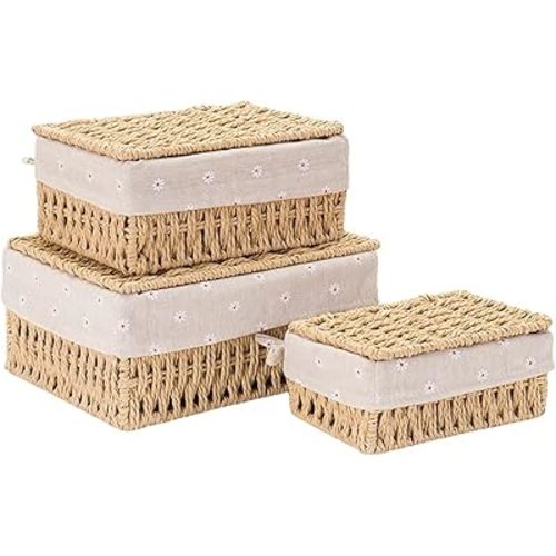 GIB Small Wicker Storage Baskets with Lids and Liner, Rectangular Paper Rope Woven Baskets for Organizing, Decorative Boxes Boho Decor for Shelves Table Desktop Makeup Organizer, Set of 3