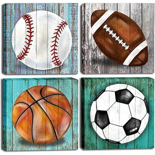 Mulpnee Boys Room Sports Decor Wall Art Posters, Baseball Football Basketball Soccer Canvas Pictures Teen Room Wall Décor, for Kids Bedroom Nursery Bedroom Living Room Playroom 12"x12"x4Pcs