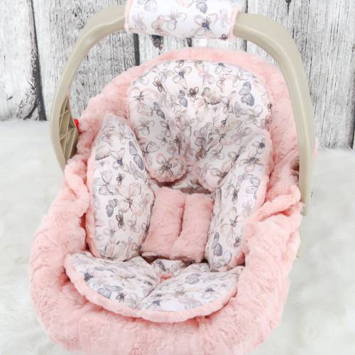 Baby Girl Car Seat Headrest - Peach Butterflies w/ Peach Minky - Car Seat Strap Cushions - Baby Girl Shower Gift - Baby Girl Body Rest