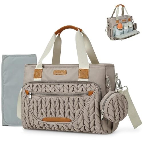 FHELAD Diaper Bag Tote, Crossbody Diaper Bag for Labor & Delivery, 16 Pockets 5 Insulated, Waterproof Lightweight Baby Bag with Changing Pad & Pacifier Case, Travel Mom Tote (Brown Taupe)