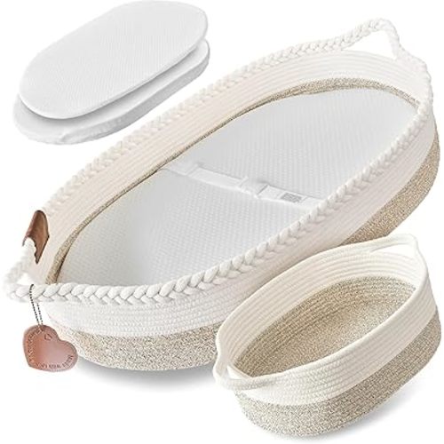 XL Reinforced Baby Changing Basket Set w/Matching Diaper Caddy, Comfy Pad & Extra Waterproof Bamboo Jacquard Cover, Reinforced Cotton Rope Moses Baskets for Newborn