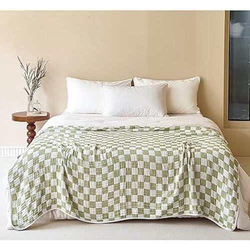 SANACYNA Muslin Blankets 100% Cotton 6-Layer Gauze Green Cooling Blanket Lightweight Soft and Breathable Swaddle Blanket for Sofa Bed Both Sides (Green Checkerboard, Baby 30"x40")