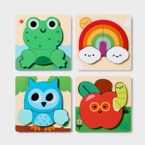 Chunky Puzzles - Gigglescape™: Wooden Puzzle Sets For Toddlers, 4 Animal Themes, Educational Toys For Kids