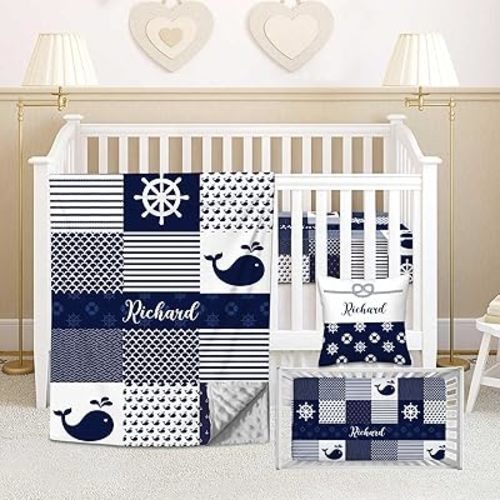 Personalized Baby Crib Bedding Set, 3 Piece Custom Name Nautical Sea for Boys, Includes Minky Blanket, Fitted Sheet, Pillowcase, Soft Crib Bedding for Newborn, Infant, Toddler, Shower Gift for Baby