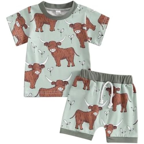 Lesimsam Baby Boy Girl Western Summer Outfits Cow Print Short Sleeve T-Shirt Top and Shorts Set Toddler Country Outfit