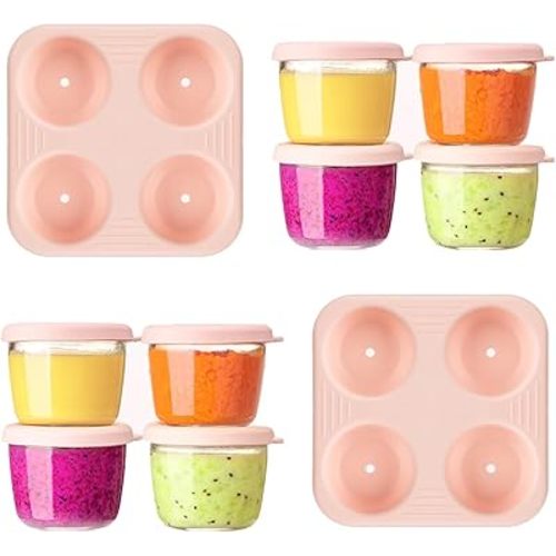 Baby Food Storage Containers,2.6oz 75ml Set of 8 Glass Condiment Containers with Lids,Salad Dressing Container,Reusable Sauce Cups Containers with Silicone Lids & Stackable Tray,Leakproof,BPA-Free